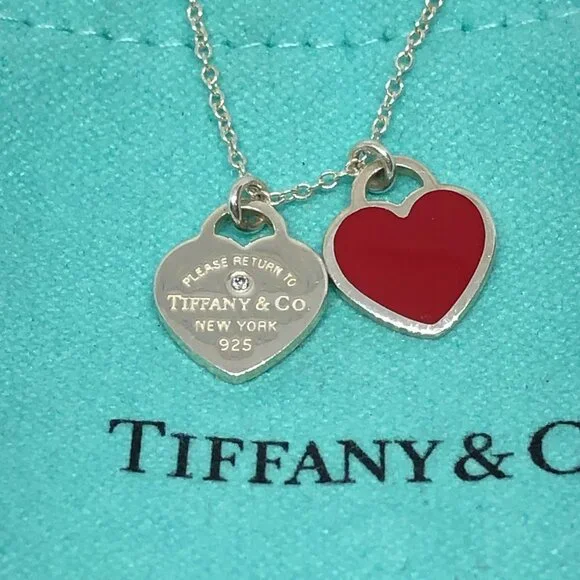 Tiffany Return RTT Red Double Heart Tag Pendant w/ Diamond